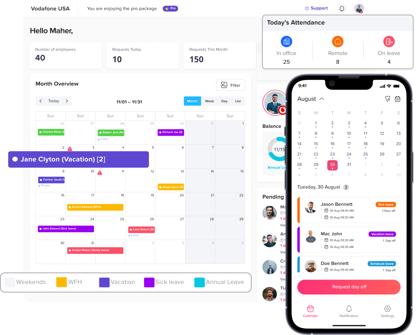 Day Off PTO tracker dashboard showing employee PTO balances, requests, and team calendar